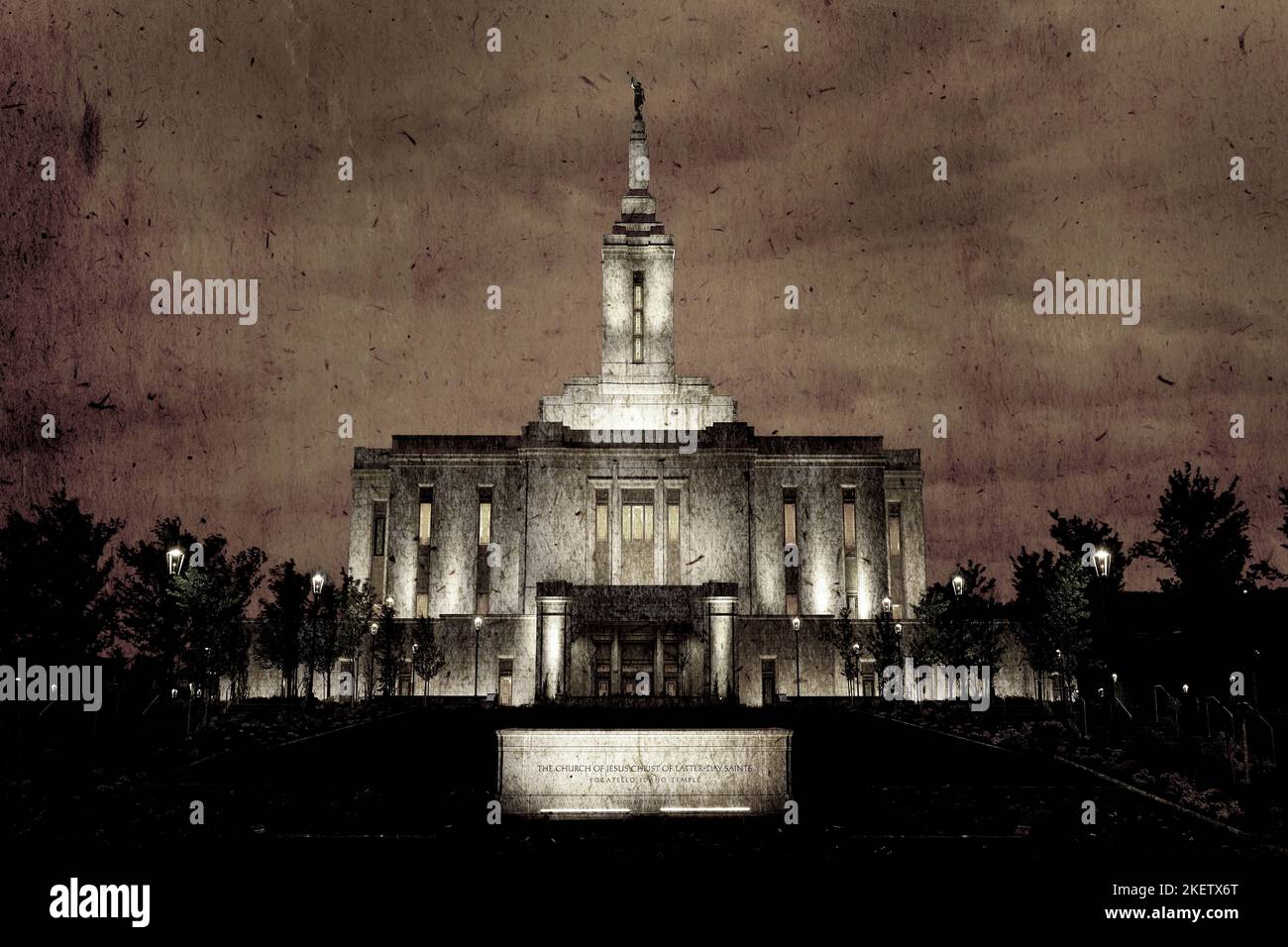 Pocatello Idaho LDS Temple Building Mormon Church of Jesus Christ sakrale religiöse Religion Building morgendlicher Sonnenaufgang altmodische Fotografie Stockfoto