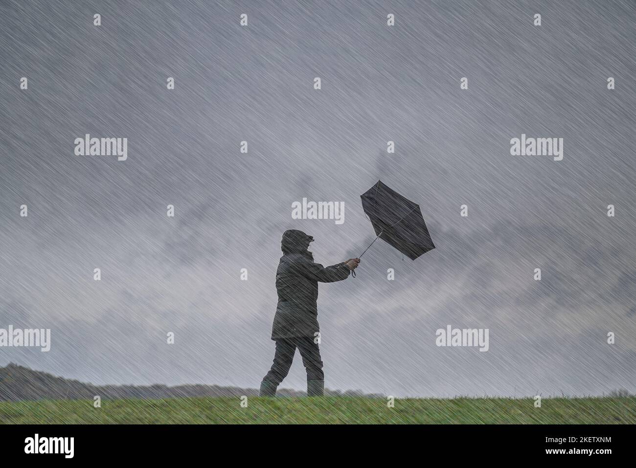 Isolierte Frau, die bei windigem, nassem und stürmischen Wetter in Großbritannien auf einem Hügel steht, bei starkem Regen und einem brülligen, von innen nach außen geblasen. Stockfoto