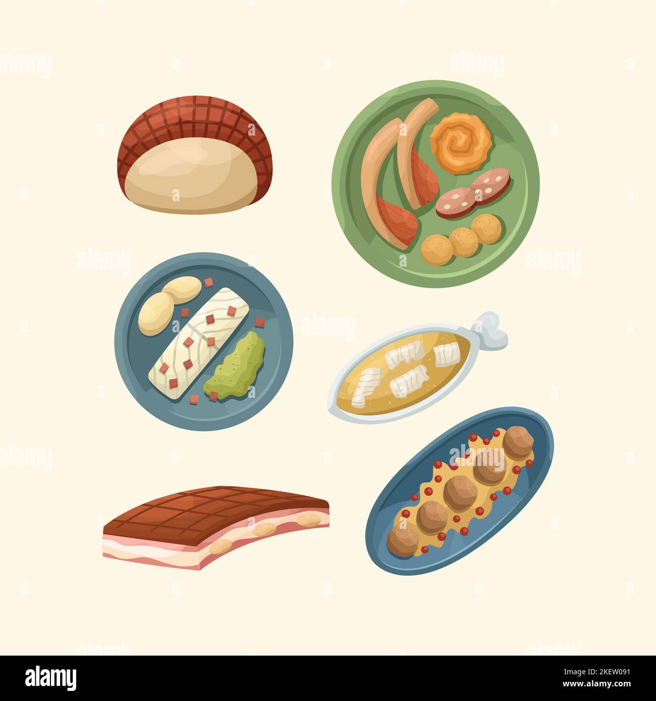 Vektor-Set mit Illustrationen von skandinavischen Gerichten. Küche für Neujahr und Weihnachten. Flacher Style. Stock Vektor
