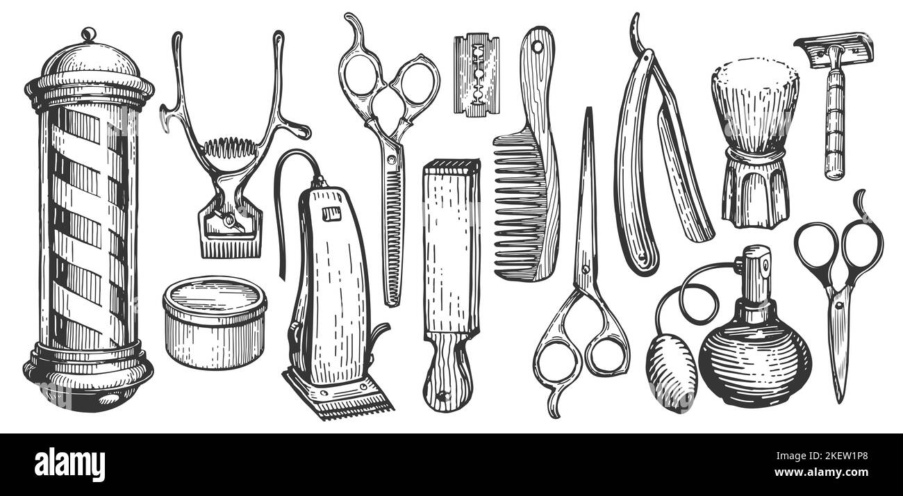 Set von verschiedenen Friseur-Shop Werkzeuge. Barbershop und Friseursalon für Männer. Rasierzubehör im Vintage-Gravurstil Stockfoto