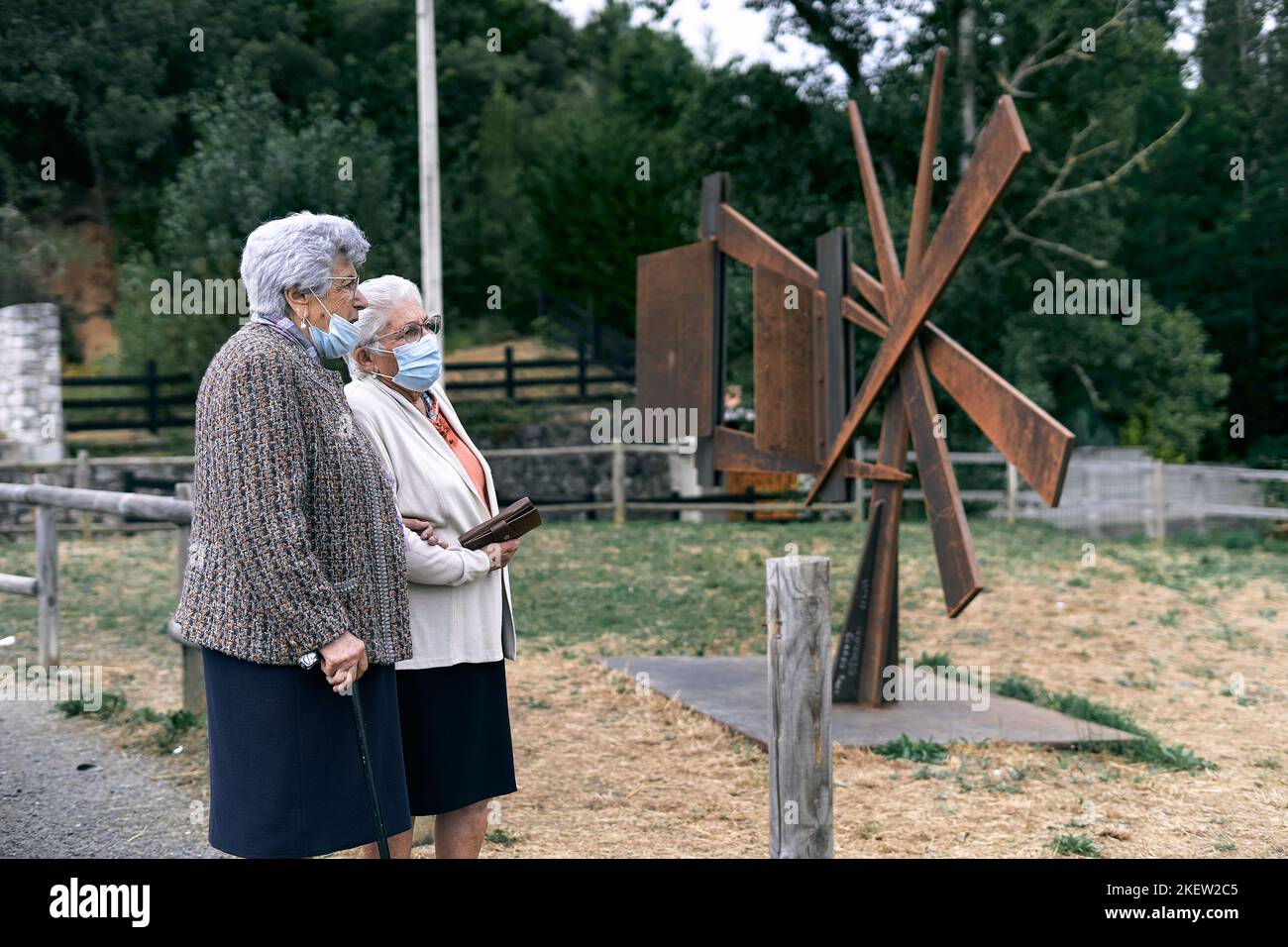 Zwei kaukasische ältere Damen mit weißen Haaren von hinten, die sich am Arm halten und eine abstrakte Holzfigur im Park neben sich betrachten Stockfoto