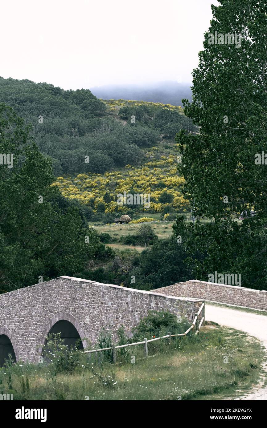 Landschaftspfad mit Holzzaun, der zu der alten dreieckigen Steinbrücke in der Mitte des Tals und der Berge führt, ruta del Cares asturias Stockfoto