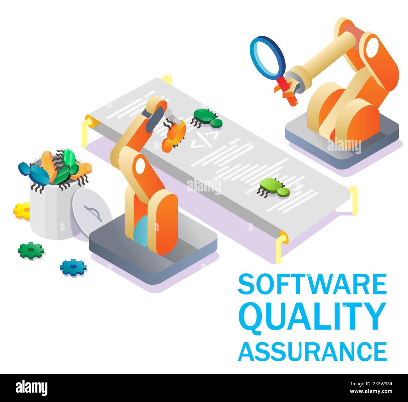 Software-Qualitätssicherung, Vektor-isometrische Darstellung. SQA, automatisiertes Code-Testen, Debugging-Konzept für Webbanner, Website-Seite usw. Stock Vektor
