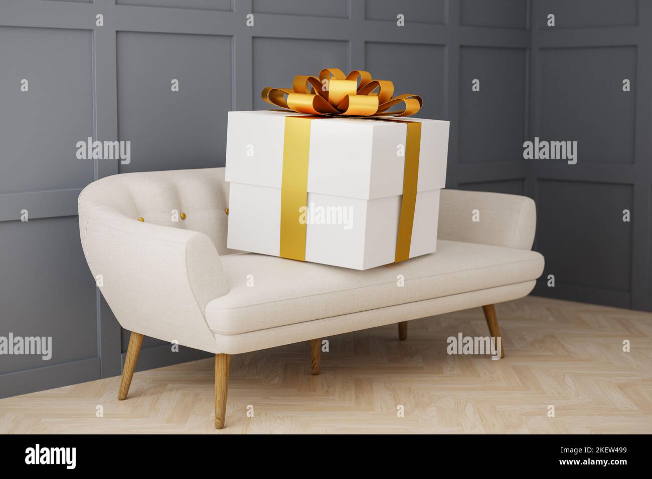 Eine übergroße Geschenk-Box auf einem Sofa. Konzept für übermäßiges Geben. Stockfoto