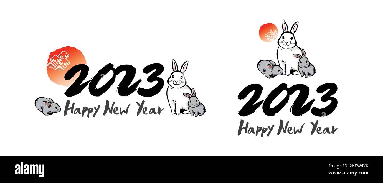 Frohes neues Jahr, Kalligraphie und Sonnenaufgang, Kaninchen, Neujahr 2023, Kombination Emblem Design. Stock Vektor
