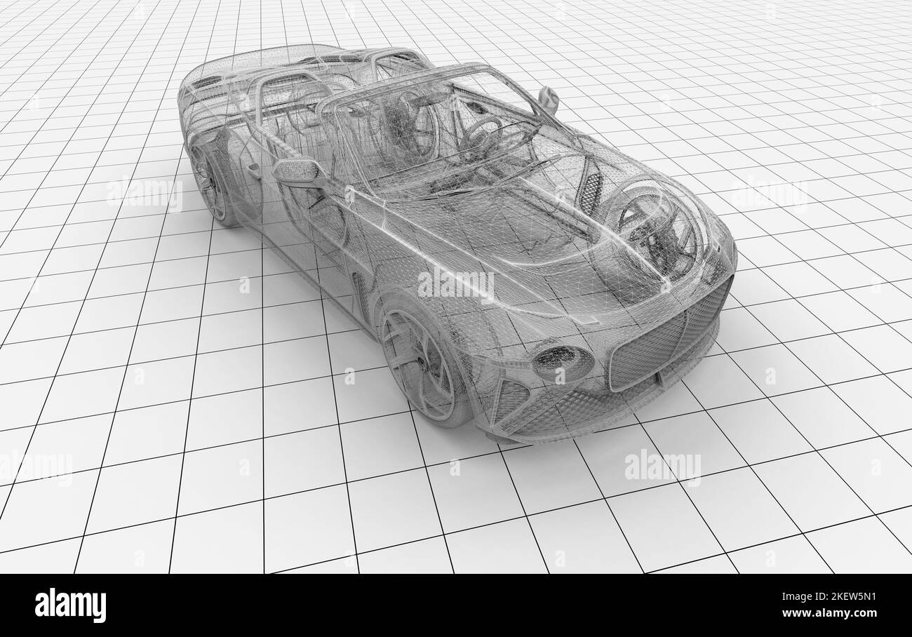 Unbranded generischen Drahtmodell Sportwagen auf einem Draht-Plattform: 3D Abbildung Stockfoto