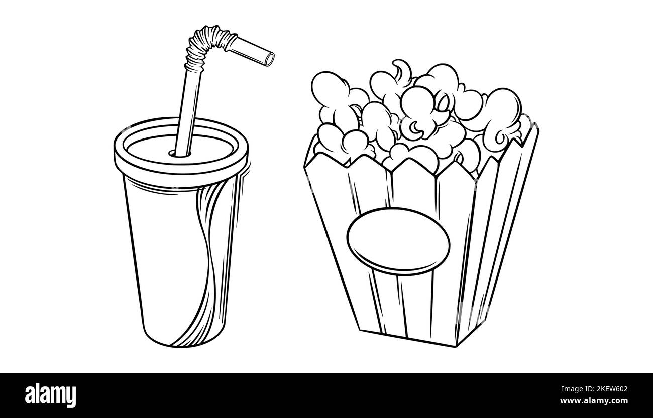 Popcornkorb und Cola-Skizze. Cinema Pop Mais im Doodle-Stil. Vektordarstellung auf weißem Hintergrund isoliert Stock Vektor