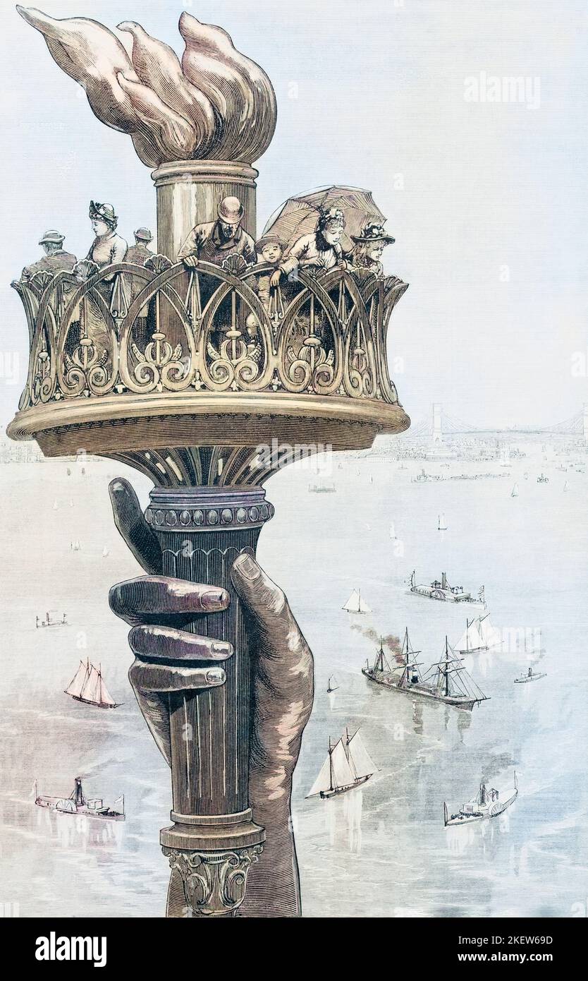 Die Künstler haben den Eindruck, wie die Fackel der Freiheitsstatue von New York erscheinen würde, wenn sie fertig wäre. Die Statue wurde im Oktober des folgenden Jahres eingeweiht. Aus Frank Leslie's Illustrated Newspaper, Juni 1885. Spätere Farbgebung. Stockfoto