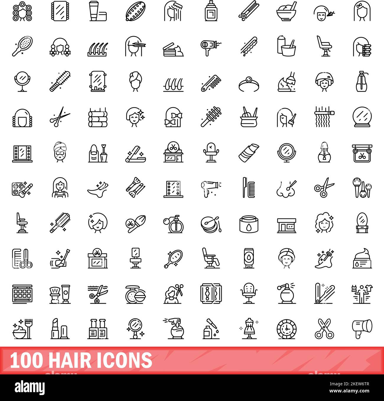 100 Haarsymbole eingestellt. Skizzieren Sie die Darstellung von 100 Haarsymbolen Vektorset isoliert auf weißem Hintergrund Stock Vektor