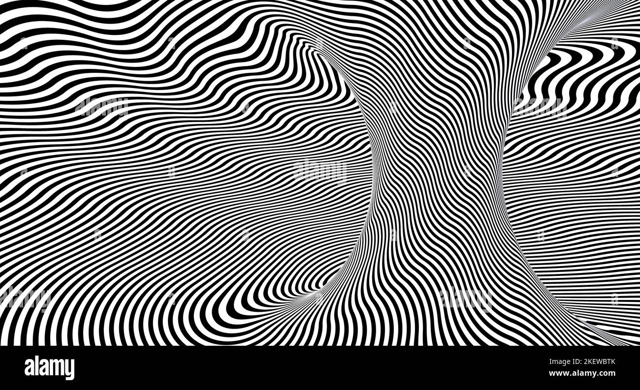 Geometrischer abstrakter Hintergrund mit geschwungenen schwarzen und weißen Streifen. 3D Rendern Stockfoto