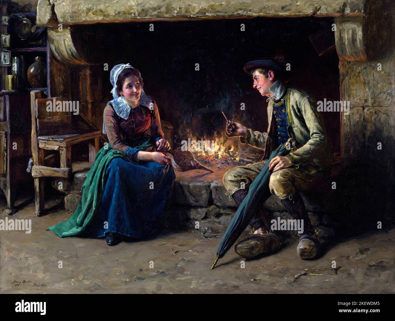 The Chimney Corner des in Deutschland geborenen Künstlers Henry Mosler (1841-1920), Öl auf Leinwand, 1893 Stockfoto
