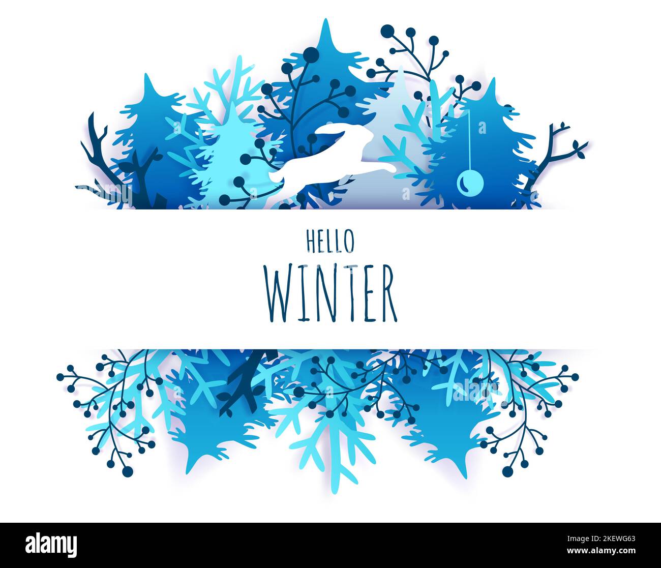 Hallo Winter Karte Hand Schriftzug Typografie, Vektor-Illustration in Papier Kunst Handwerk Stil. Schöne Papier geschnitten Winter Komposition mit verschneiten Bäumen chr. Stock Vektor