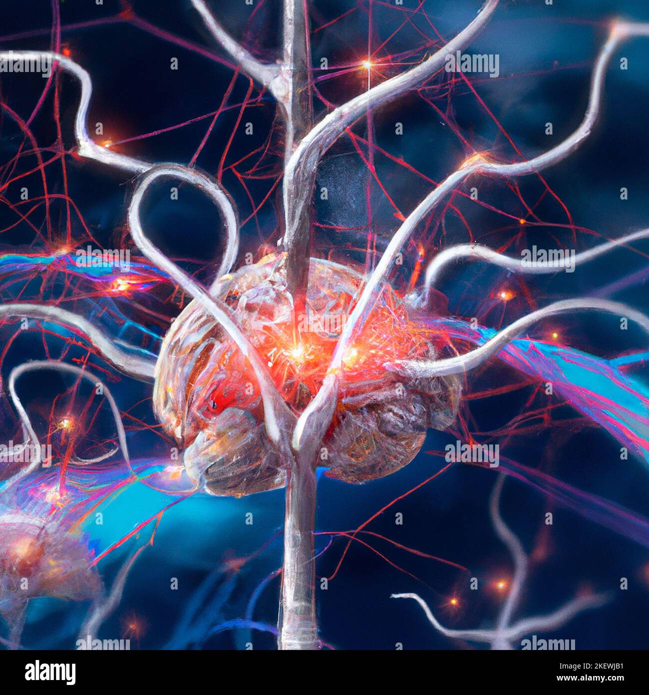 Mikroskopische Ansicht der Synapsen. Gehirnverbindungen. Neuronen und Synapsen. Kommunikation und Hirnstimulus. Neuronale Netzschaltung, degenerativ Stockfoto