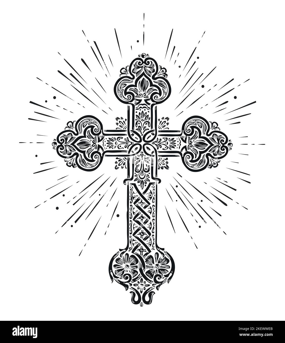 Christliches Kreuz und Strahlen. Leuchtendes dekoratives Kreuzschild. Symbol des Glaubens Vektor-Illustration Stock Vektor