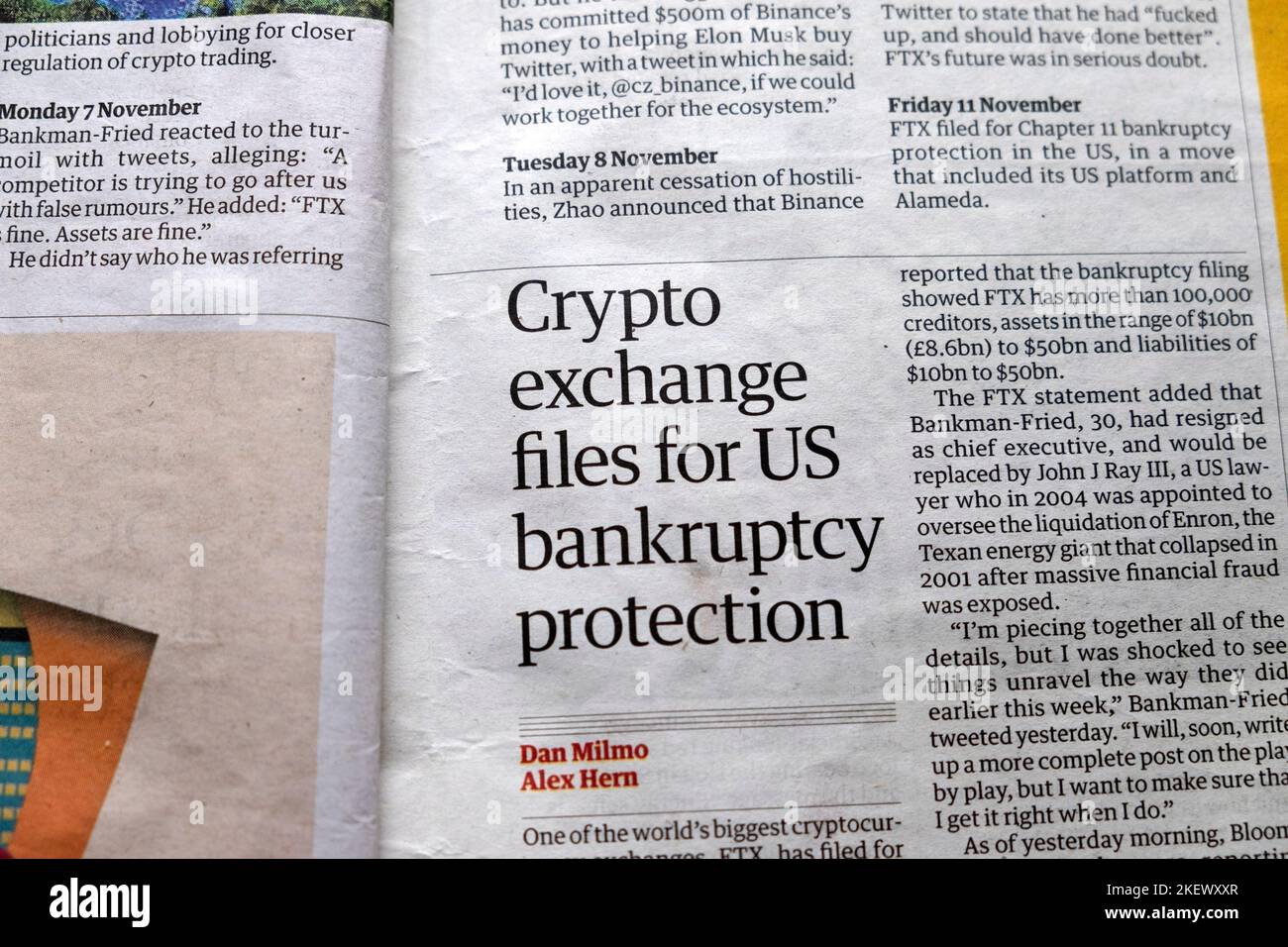 FTX-Kryptowährung „Crypto Exchange files for US Konkursschutz“ Guardian Zeitung Schlagzeile Clipping Financial Clipping 12 November 2022 Großbritannien Stockfoto