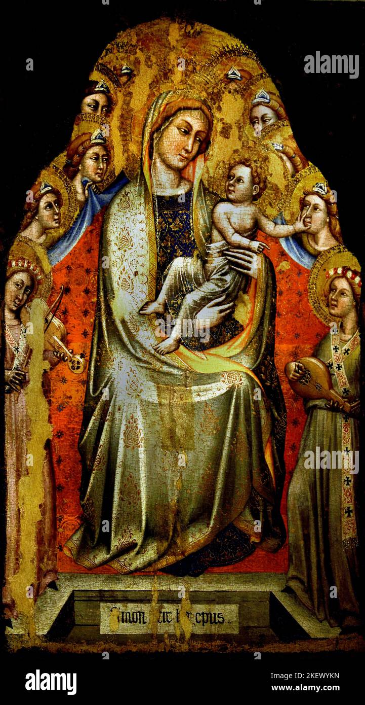 Madonna mit Kind thront unter den Engeln von Simone dei Crocefissi 1330 - 1399 Italien Italienische Simone di Filippo Benvenuti, bekannt als Simone dei Crocifissi oder Simone da Bologna , italienische Malerin. Geboren und gestorben in Bologna, malte er viele religiöse Tafelbilder Stockfoto