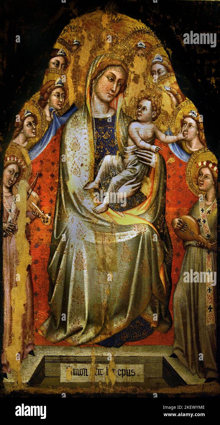 Madonna mit Kind thront unter den Engeln von Simone dei Crocefissi 1330 - 1399 Italien Italienische Simone di Filippo Benvenuti, bekannt als Simone dei Crocifissi oder Simone da Bologna , italienische Malerin. Geboren und gestorben in Bologna, malte er viele religiöse Tafelbilder Stockfoto