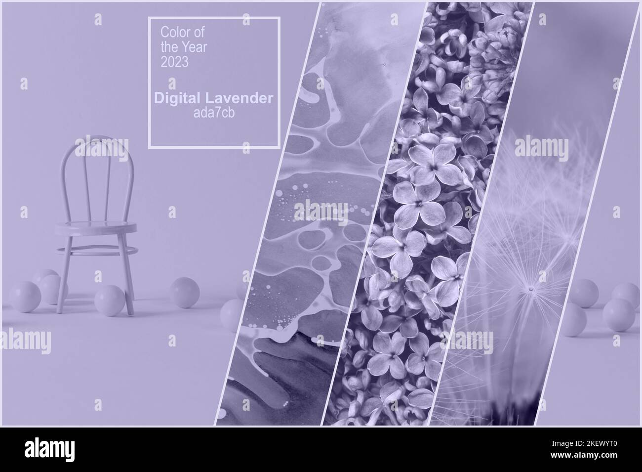 Digital Lavendel Farbe des Jahres 2023. Collage von Fotos in trendiger Farbe mit Stuhl, Dandelions-Flaumchen und Fliederblumen. Textfarbe des Jahres 20 Stockfoto