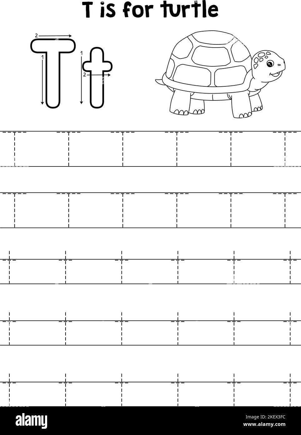 Schildkröte Tier Verfolgung Buchstabe ABC Färbung Seite T Stock Vektor