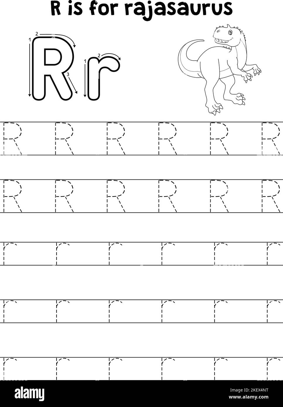 Rajasaurus Dinosaurier Verfolgung Buchstabe ABC Färbung R Stock Vektor