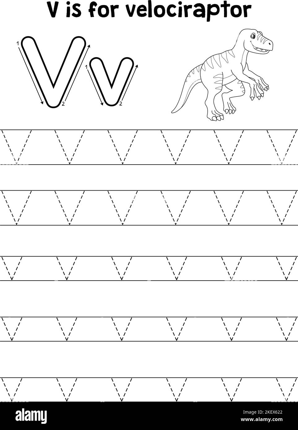 Velociraptor Dino Verfolgung Buchstabe ABC Färbung V Stock Vektor