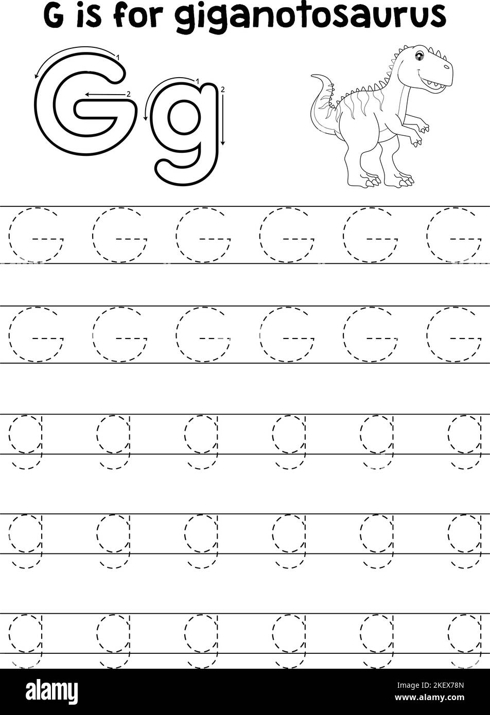 Giganotosaurus Dino Nachverfolgung Buchstabe ABC Färbung G Stock Vektor