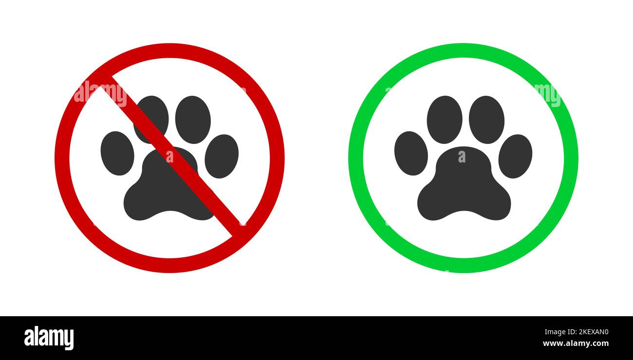 Symbole für Haustiere und Haustiere sind nicht erlaubt. Tierverbot und freundliche Zonen-Etiketten. Verbotene und Erlaubnisschilder mit Pfotenabdruck Silhouette isoliert auf weißem Hintergrund. Vektorgrafik flach Stock Vektor