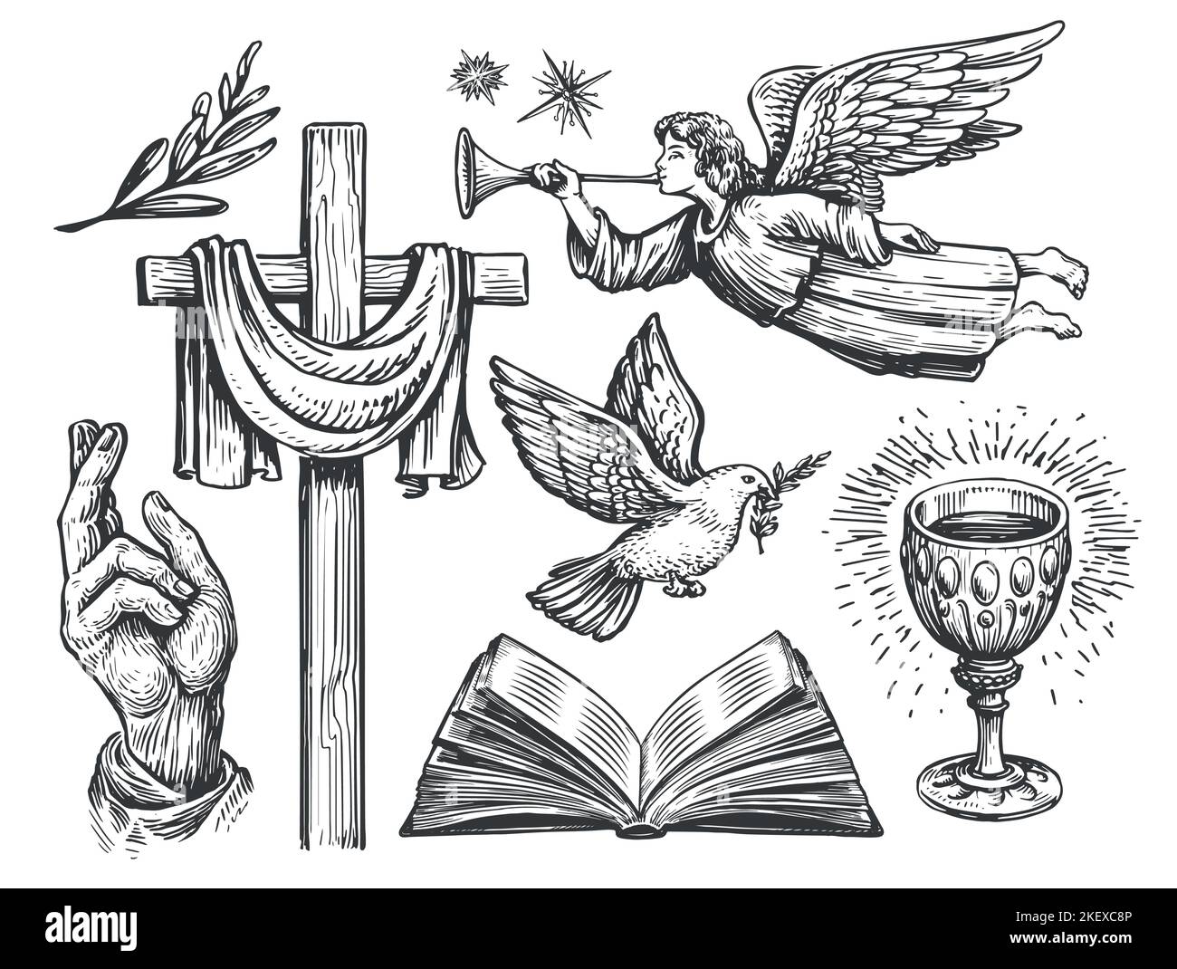 Christliches Holzkreuz, Segende Hand, Fliegende Taube mit Olivenzweig, Engel, Offene bibel, Heiliger Gral. Religionssymbole Stock Vektor
