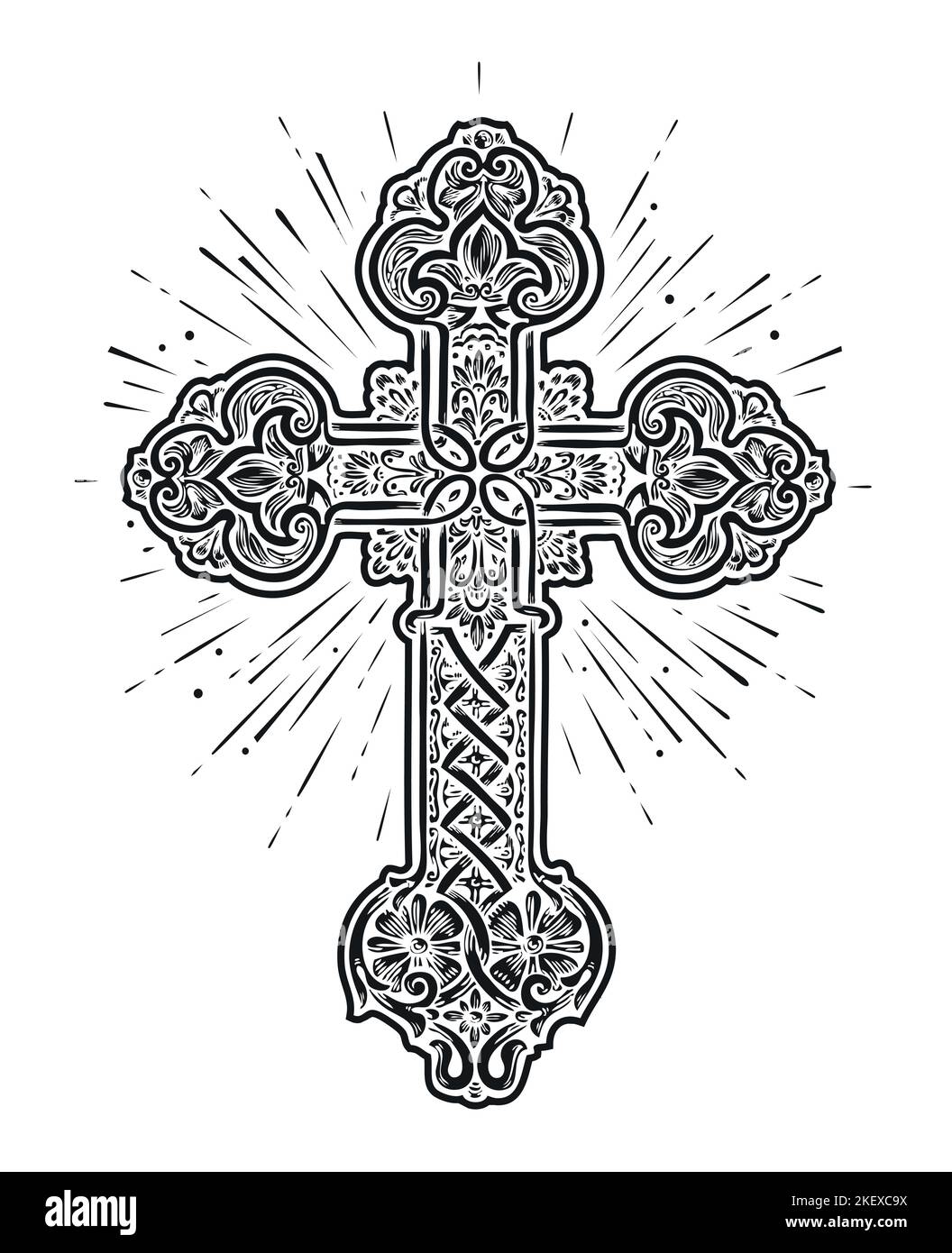 Leuchtendes, reich verzierte christliche Kreuz. Kirchenschild. Symbol des Glaubens an Gott. Skizze Vintage Vektor Illustration Stock Vektor