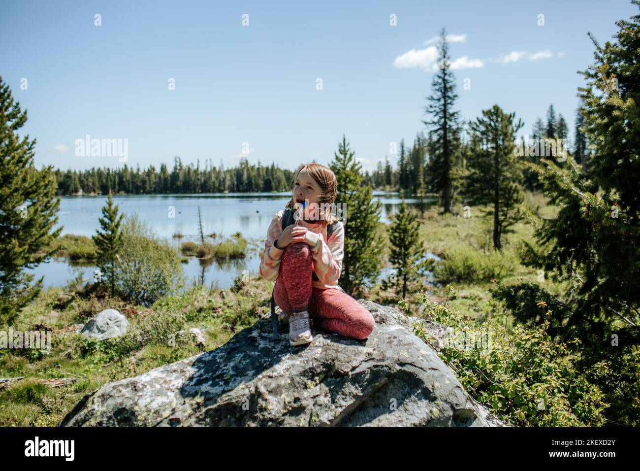 Junges Mädchen, das draußen auf einem Felsen neben dem See sitzt Stockfoto