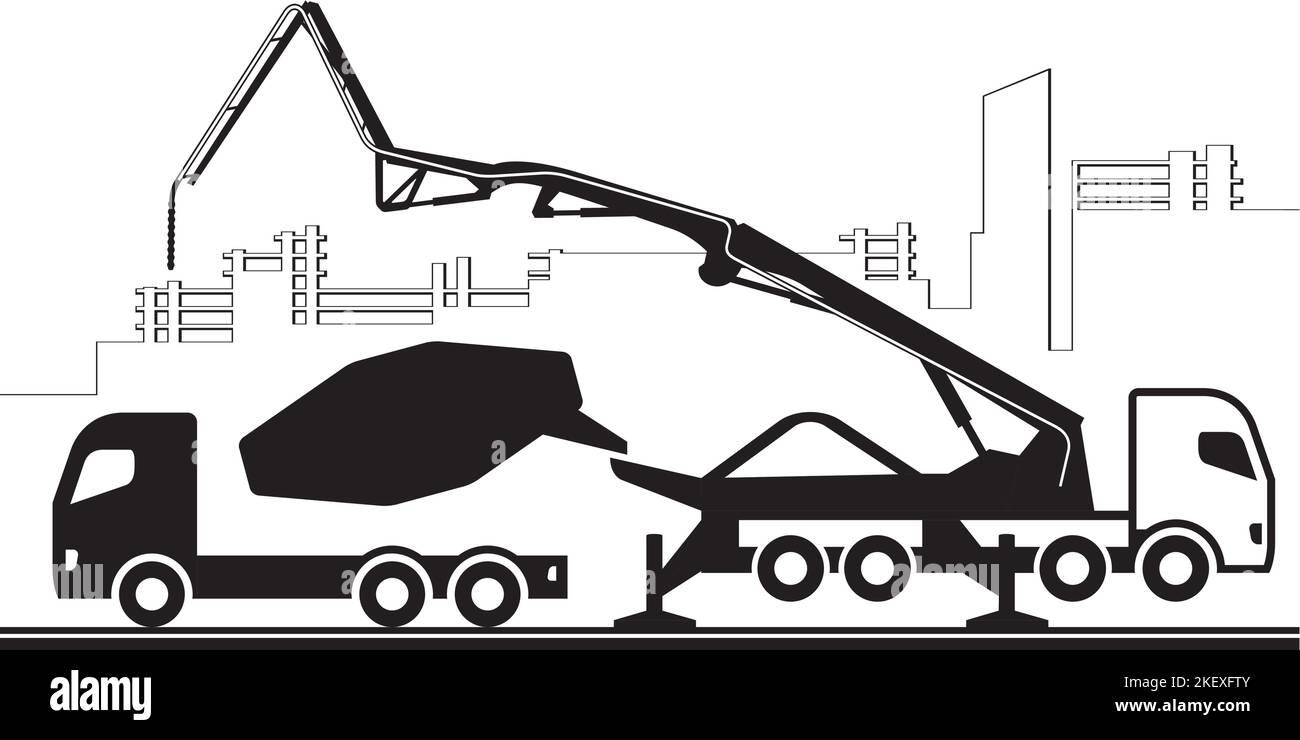 Betonpumpenwagen auf Baustelle - Vektorgrafik Stock Vektor