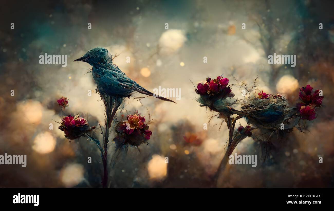 Zartes Ölgemälde mit einem Vogel, der auf den Blumen landet. Pastelltöne. Unscharfer Hintergrund. Stockfoto