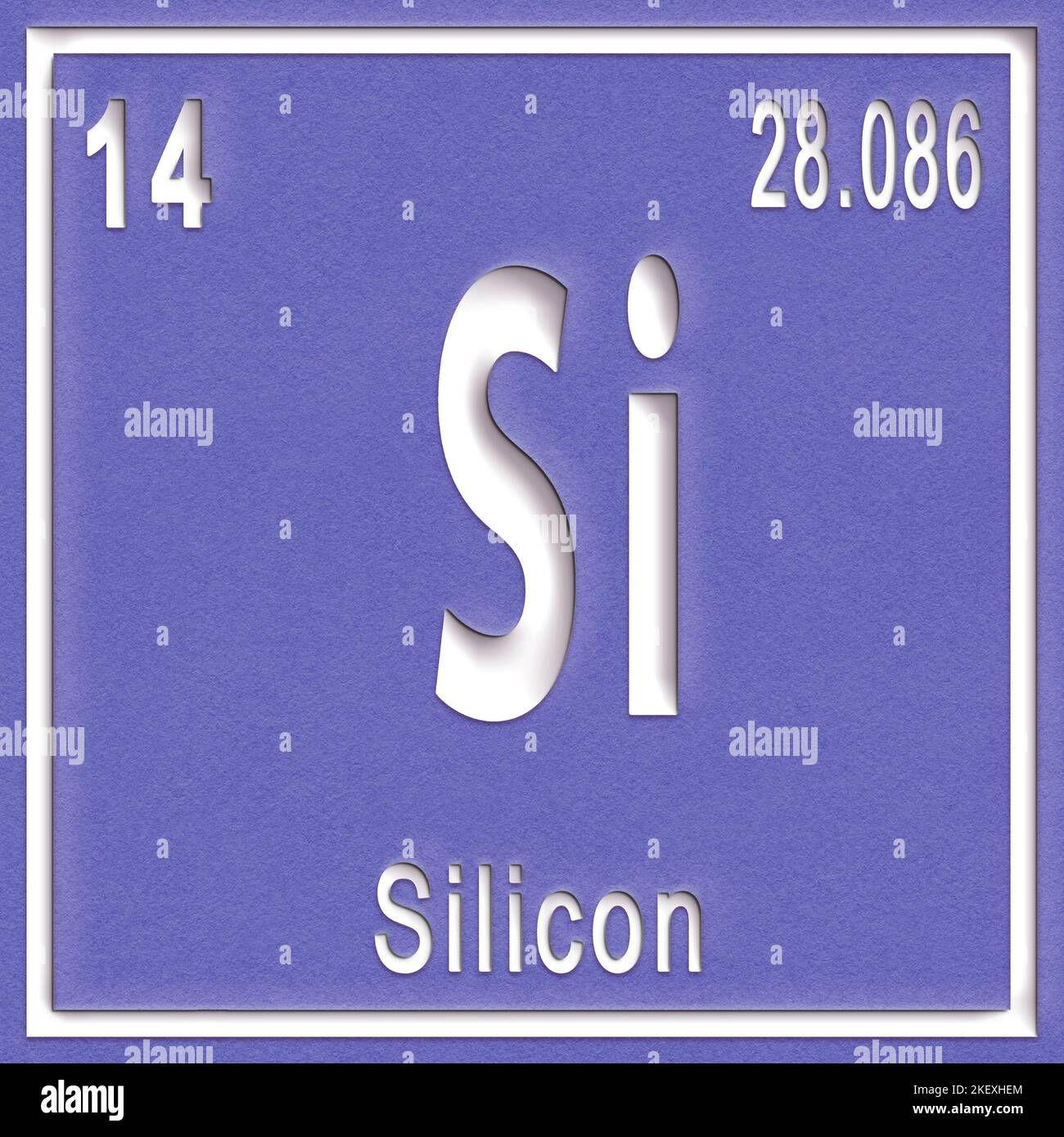 Chemisches Element aus Silizium, Zeichen mit Ordnungszahl und Ordnungsgewicht, Periodensystem Stockfoto