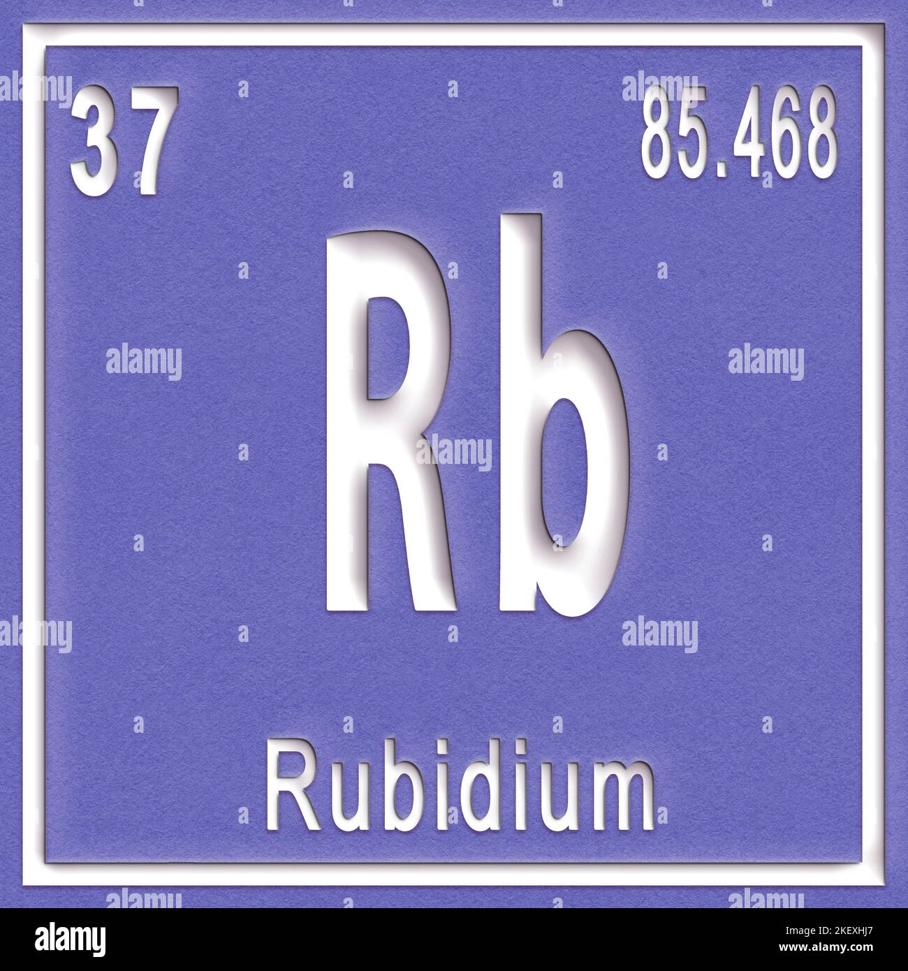 Rubidium chemisches Element, Zeichen mit Ordnungszahl und Ordnungsgewicht, Periodensystem Stockfoto