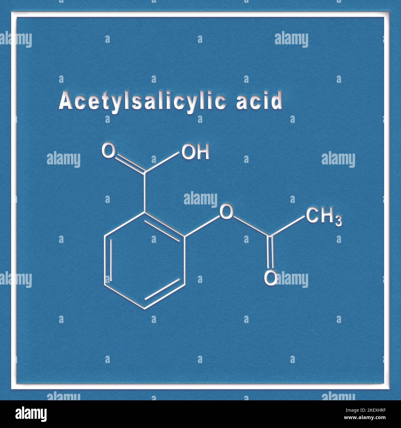 Acetylsalicylsäure, Aspirin, strukturelle chemische Formel auf weißem Hintergrund Stockfoto