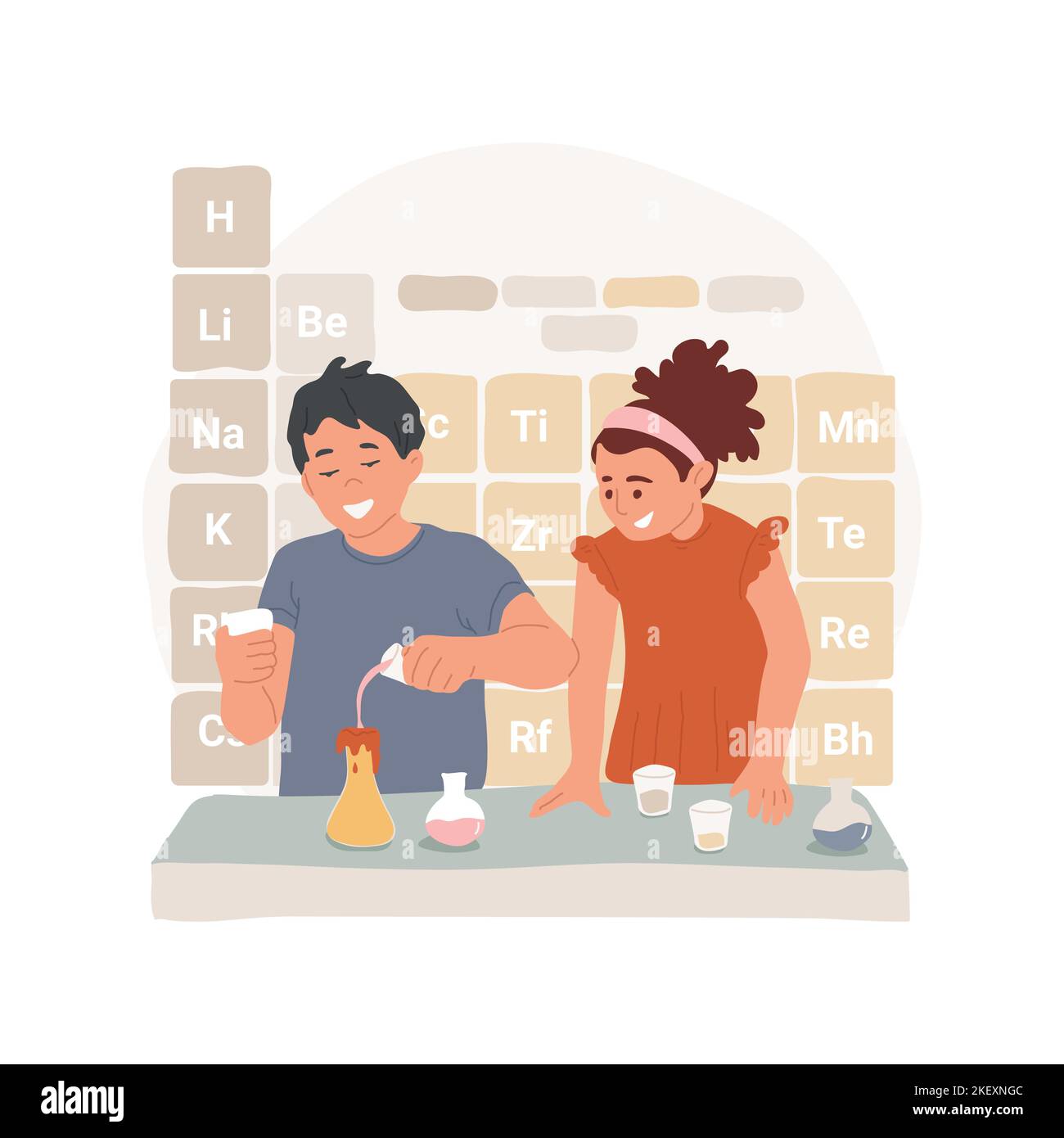 Lernen von chemischen Reaktionen isolierte Cartoon-Vektor-Illustration. Schüler beobachten chemische Reaktion, machen Laborexperiment, Periodensystem an der Wand, Chemie-Vektor-Cartoon der Mittelschule. Stock Vektor