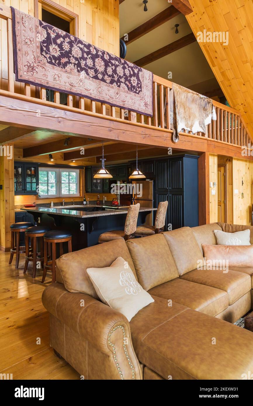 Braunes Ledersofa im Wohnzimmer mit Blick auf Küche und Mezzanin in einem gefrästen Cottage-Stil flaches Blockhaus. Stockfoto