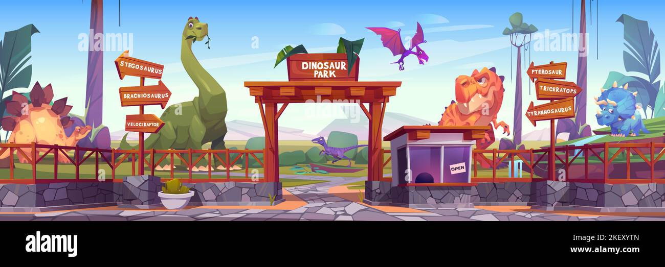 Dinosaurierpark mit niedlichen Tieren aus der jurassic-Ära. Tropische Landschaft mit Dino-Garten mit Holzbogen, Schilder, Zaun und Kassiererkabine, Vektor-Cartoon-Illustration Stock Vektor