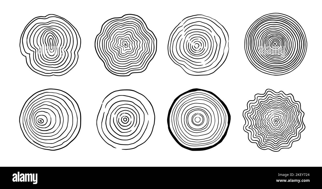 Baumring Holzkreis gesetzt. Handgezeichnetes Baum-Ring-Muster, Linie Welligkeit Kreis Holz Textur. Holz Bio-Slice-Line-Design. Vektorgrafik. Stock Vektor