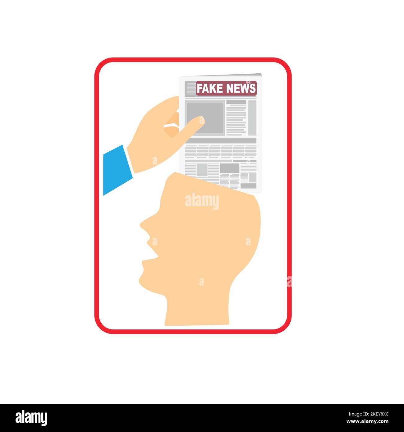 Hände eines Mannes, der eine Zeitung mit dem Text Fake News darauf hält und sie in einem menschlichen Kopf vorstellt Stock Vektor