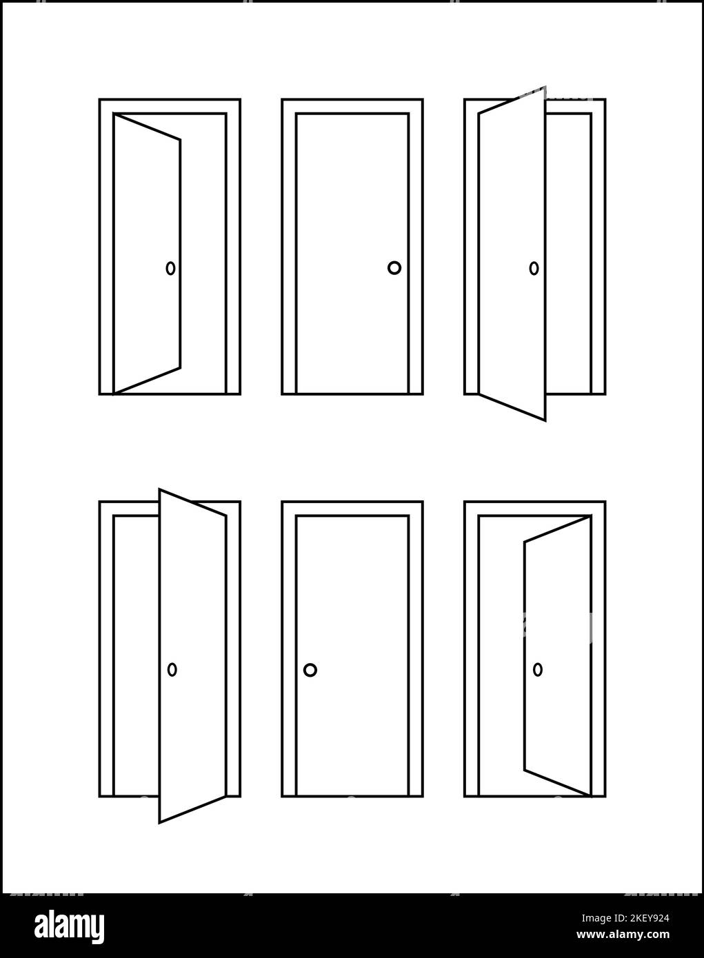 6 Türen, geöffnet und geschlossen, links und rechts, Türsymbole, flache Linien, vektorgrafik, maßstabsgetreu, skalierbar, anpassbar Stock Vektor