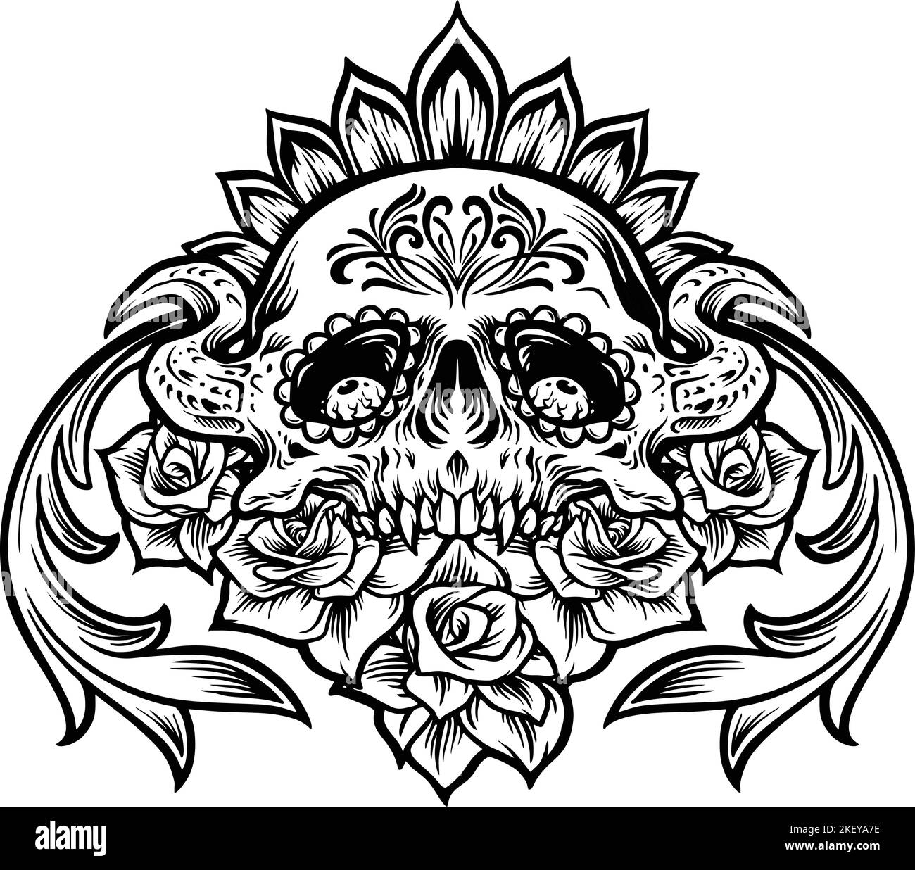 Silhouette Sugar Skull Mexican mit Ornamenten Vektor Illustrationen für Ihre Arbeit Logo, Merchandise T-Shirt, Aufkleber und Label-Designs, Poster Stock Vektor