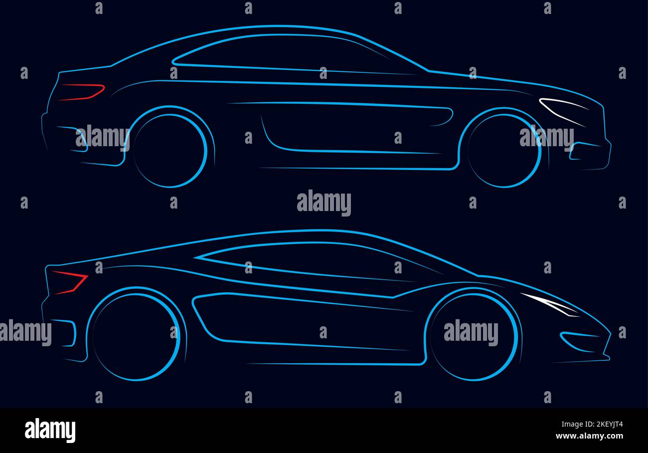 Autos Silhouette Vektorlinie auf dunklem Hintergrund. Seitenansicht der Sportwagen-Illustration. Stock Vektor