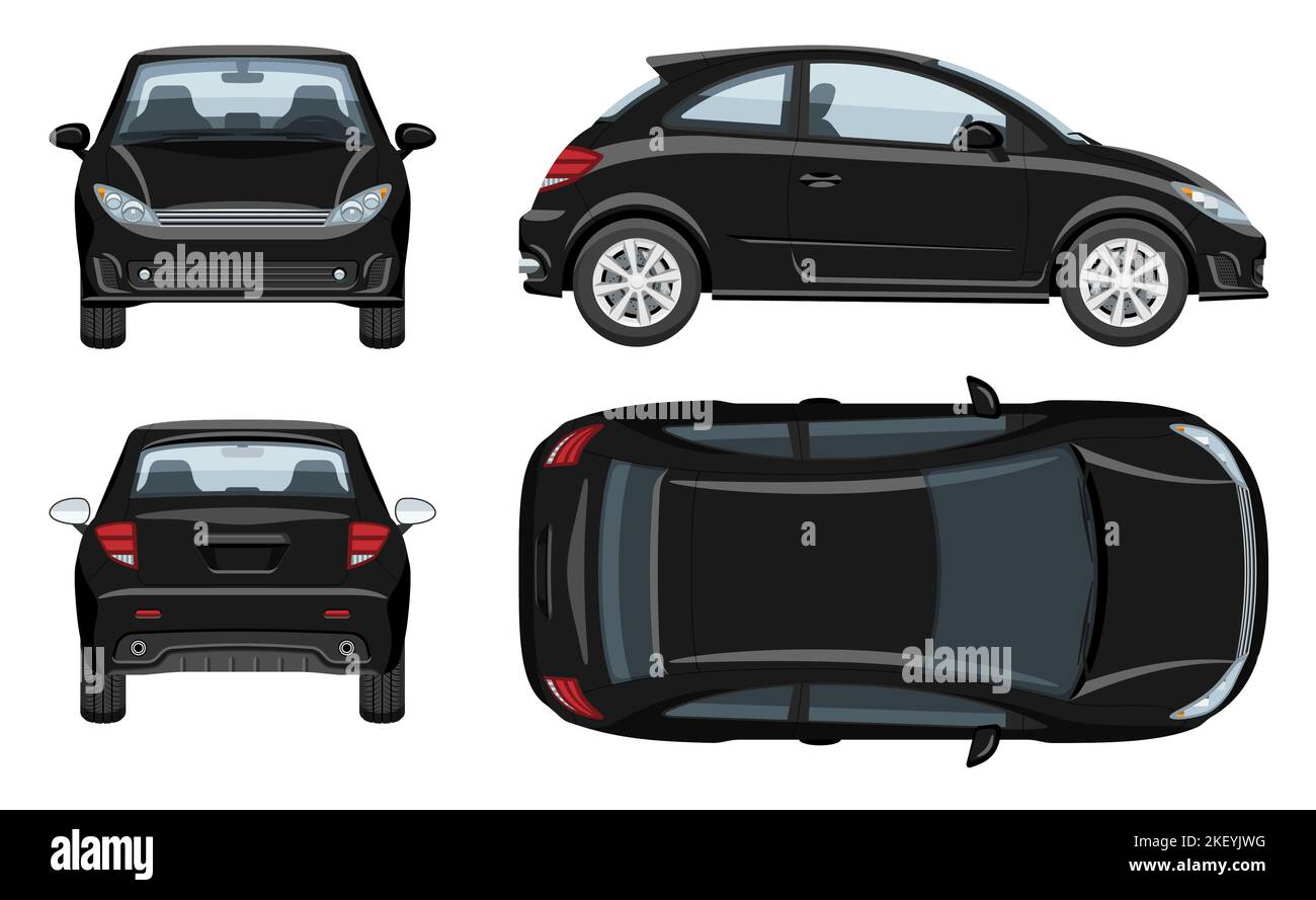 Auto-Vektor-Vorlage mit einfachen Farben ohne Verläufe und Effekte. Ansicht von der Seite, vorne, hinten und oben Stock Vektor