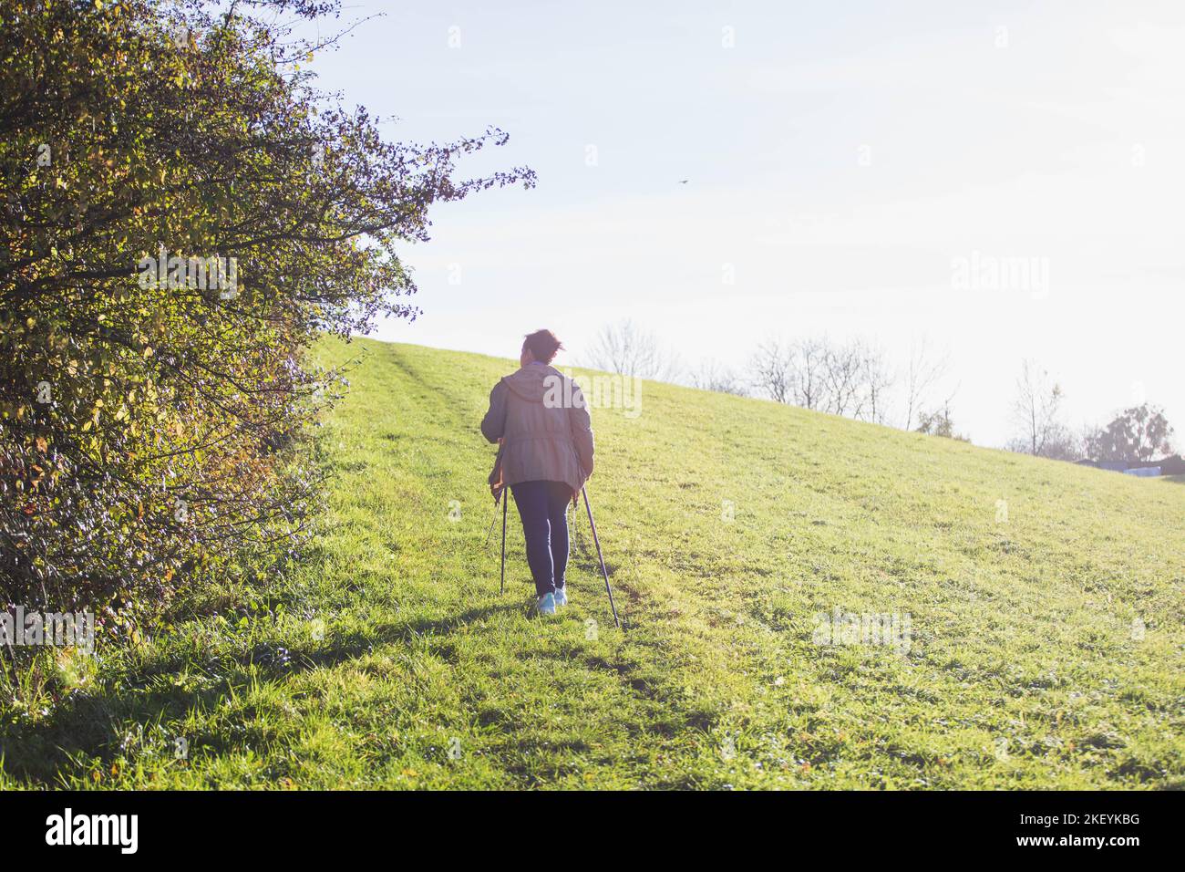 Aktive Lifestyle-ältere Dame, nordic Walking auf dem Land Stockfoto