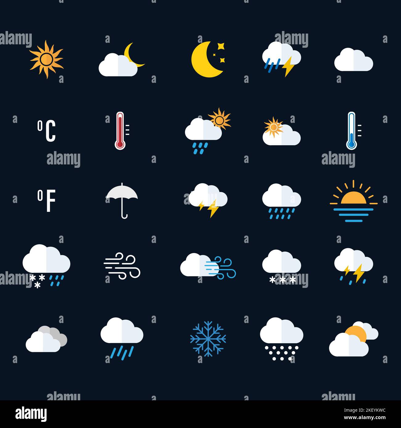 Wettersymbol eingestellt. Sonnig, bewölkt, regnerisch, stürmisch, heiß. Jahreszeiten. Vektordarstellung auf schwarzem Hintergrund Stock Vektor