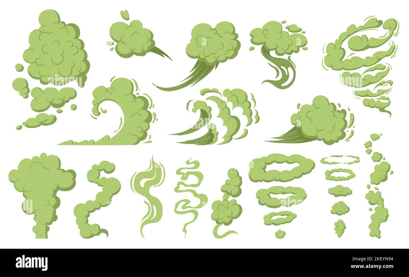 Cartoon schlechter Geruch giftige Wolken, Gestank, Emissionen, Luftverschmutzung, Wolken von rauchenden Staub. Wolken von Comics mit unangenehmem Geruch, Zigarettenrauch, Kochdampf. Vector Set von ätzenden Rauchwolken. Stock Vektor