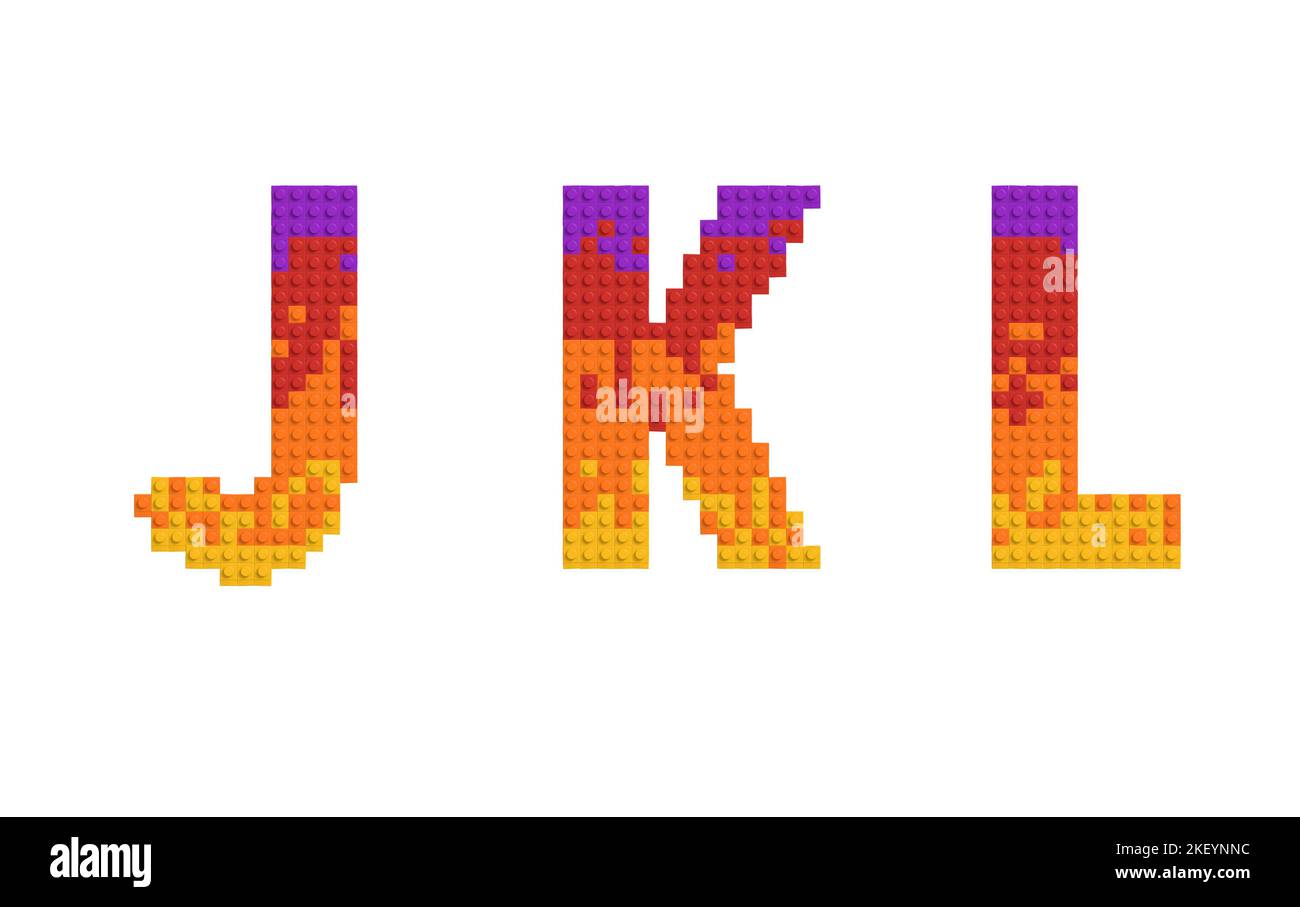 Satz Buchstaben und Zahlen aus mehrfarbigen Ziegeln. 3D Alphabet, Buchstaben J K L Stockfoto