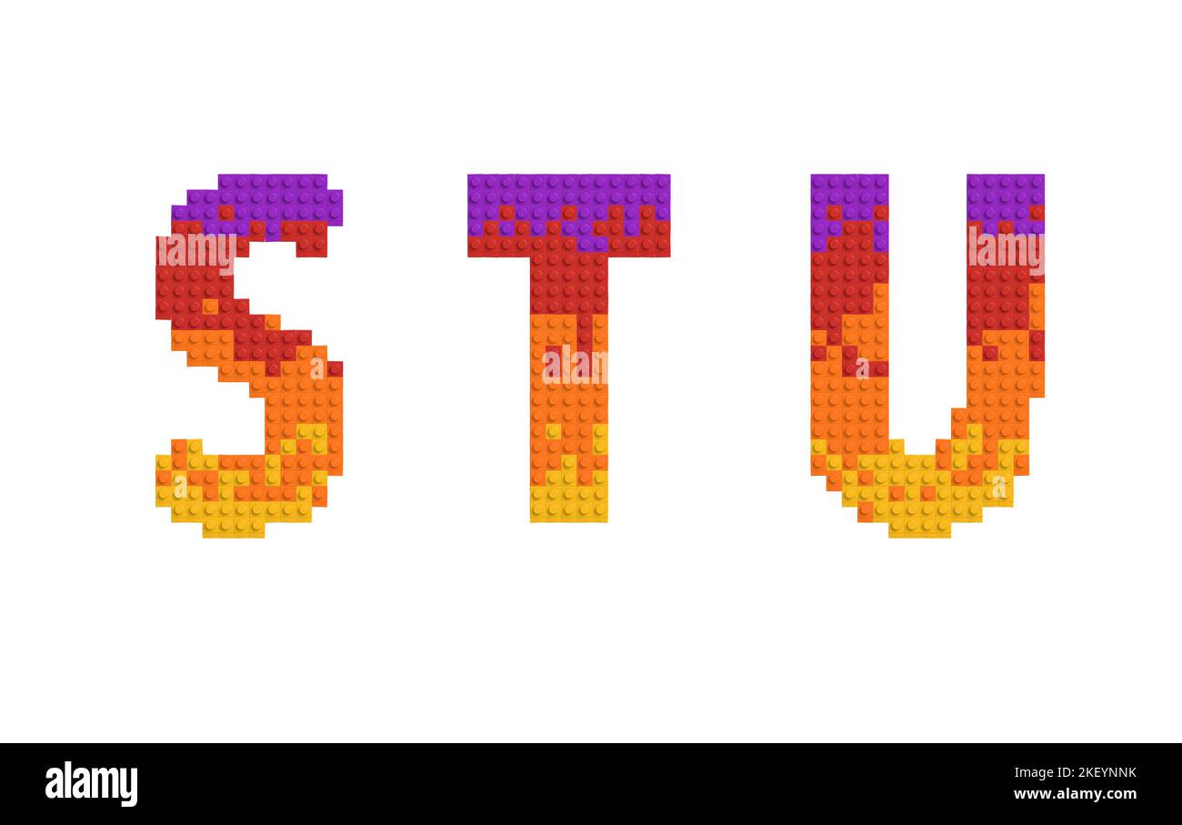 Satz Buchstaben und Zahlen aus mehrfarbigen Ziegeln. 3D Alphabet, Buchstaben S T U Stockfoto
