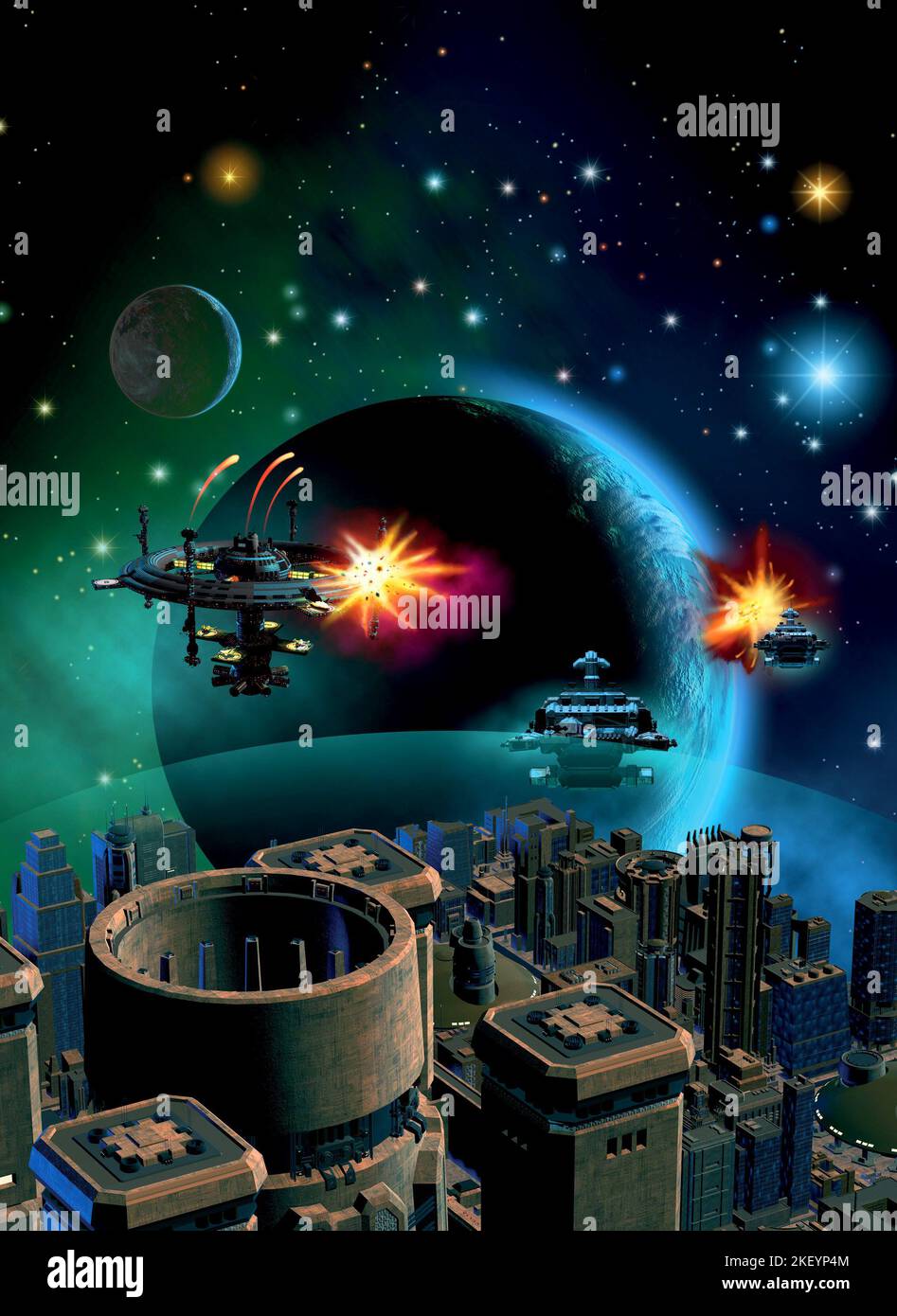 Raumschlacht um einen fremden Planeten, Raumstation, 3D Illustration Stockfoto